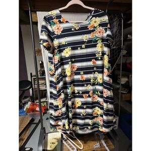 Nina Leonard Womens Striped Floral Print Short Sleeve Dress Navy Blue Casual